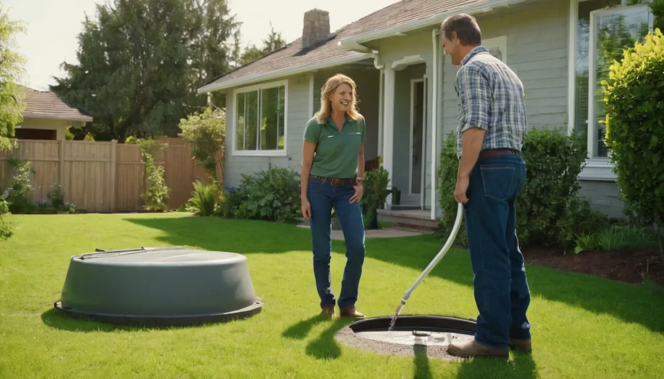 A local septic provider talking with a homeowner beside an open septic tank access lid in a Detroit backyard